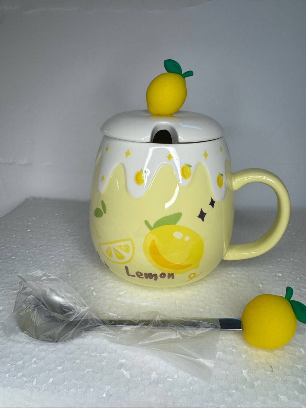 Kawaii Yellow Lemon Ceramic Mug with 3D Lid & Spoon Cute 14 oz Coffee Cup